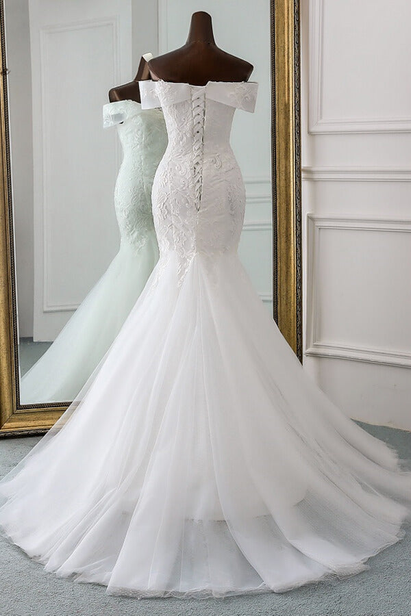 Long Off Shoulder Appliques Lace Tulle Mermaid Wedding Dress