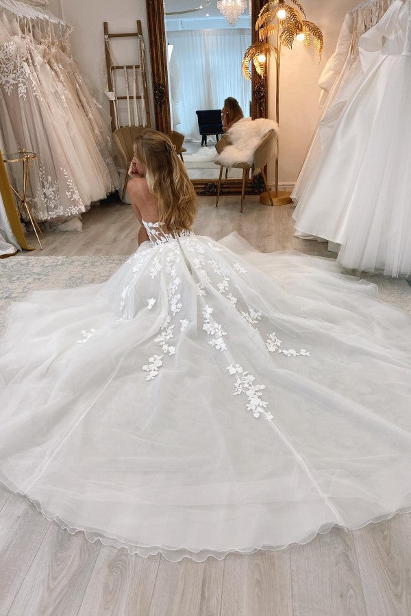 Beautiful White Long A-line Sweetheart Tulle Lace Wedding Dress with Slit