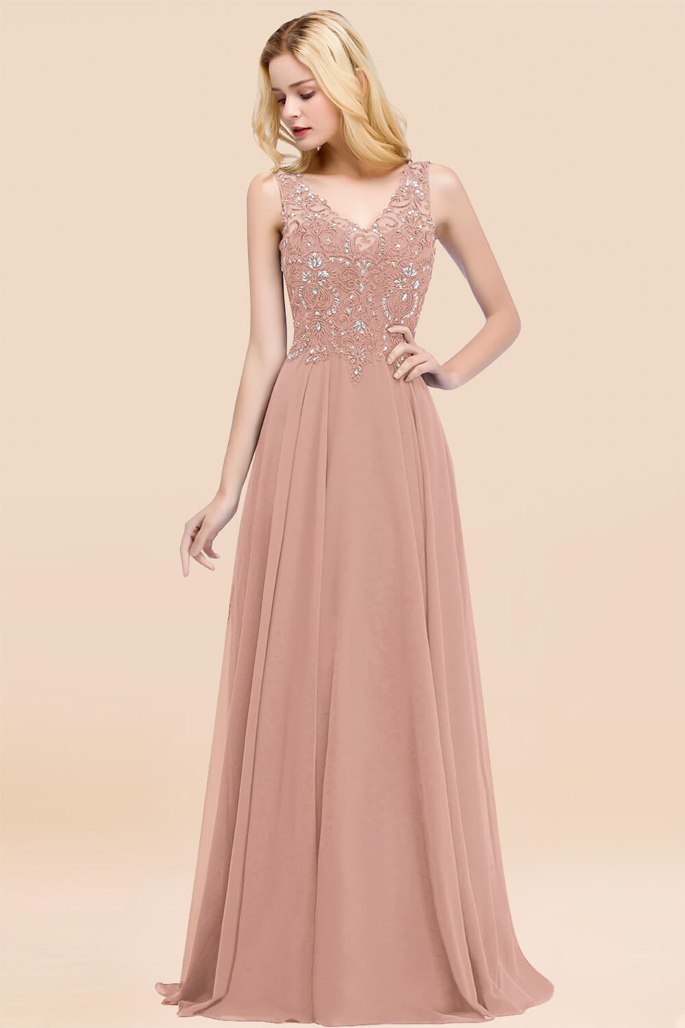 A-line Chiffon Appliques V-neck Sleeveless Floor Length Bridesmaid Dresses with Crystals