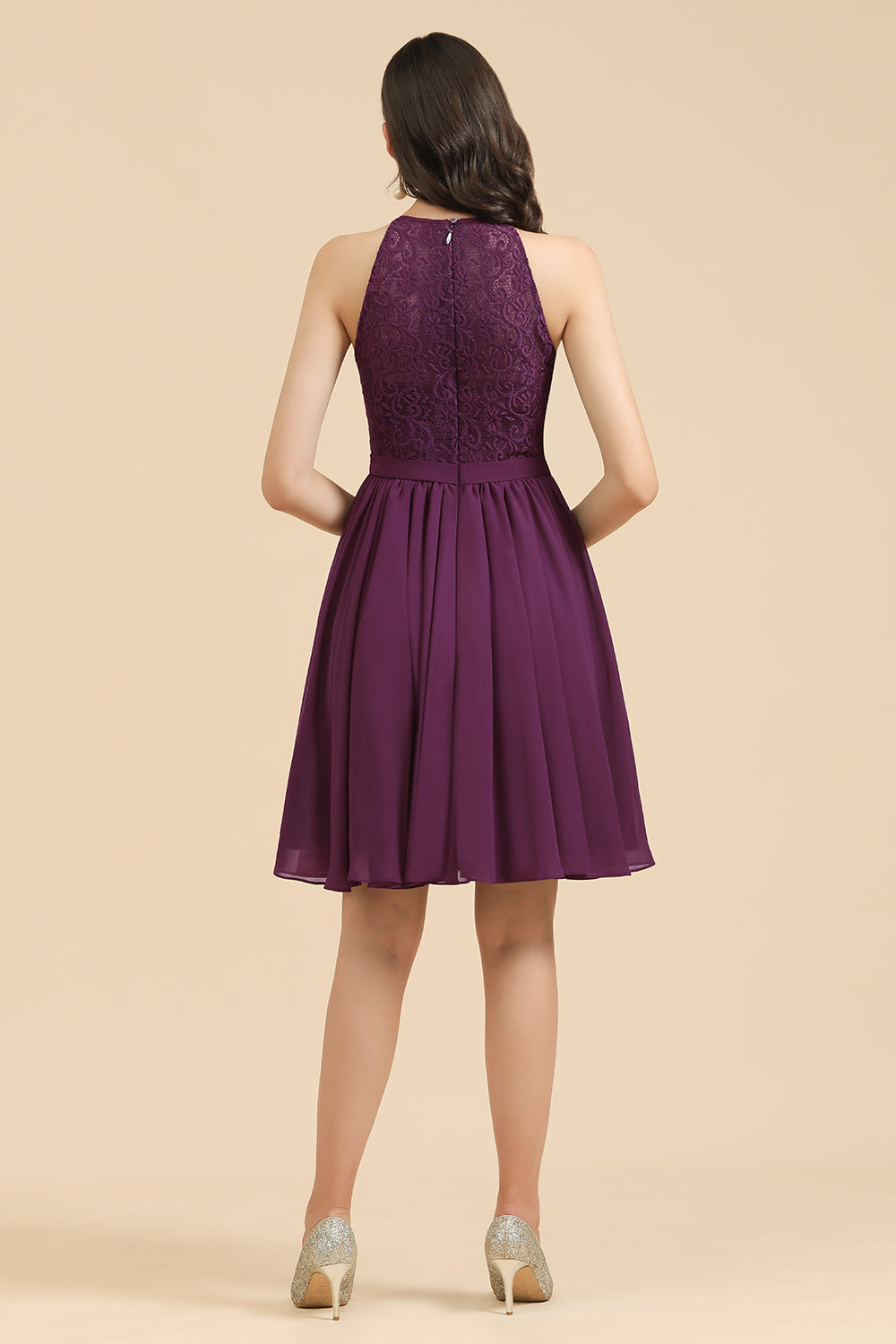 Short A-line Halter Lace Chiffon Wedding Party Dress