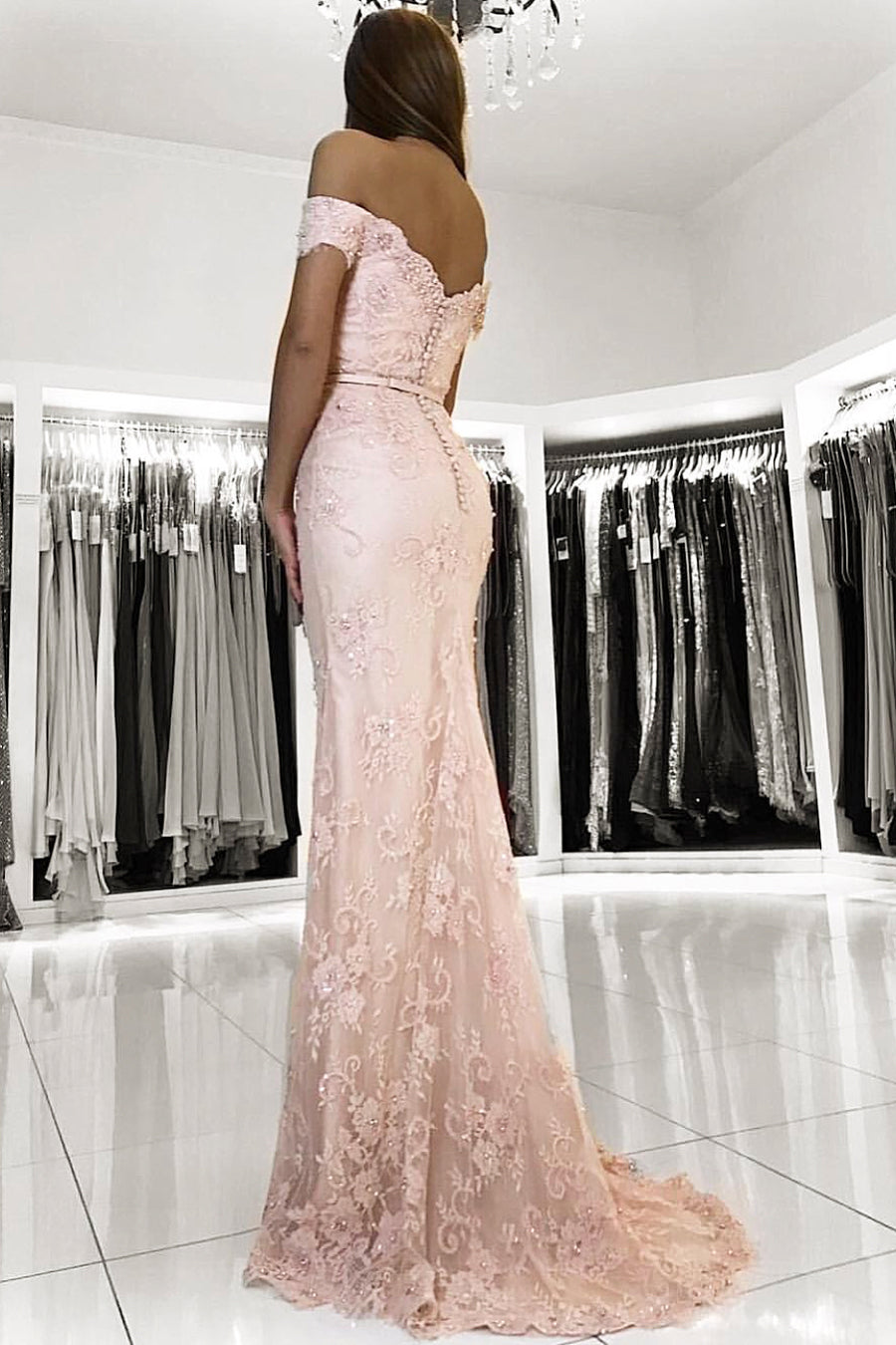 Long Mermaid Off the Shoulder Tulle Appliques Lace Formal Prom Dresses