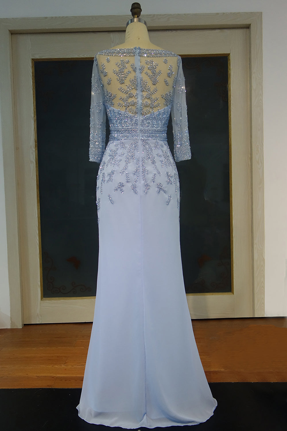 Long Mermaid Scoop Floor Length Sequined Chiffon Formal Prom Dresses with Sleeves