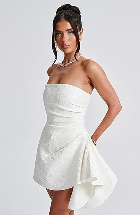 Elegant Short A-line Strapless Ruffle Jacquard Satin Homecoming Dress