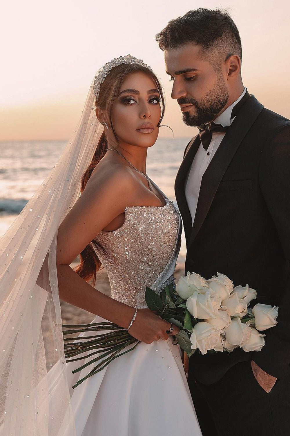 One Shoulder Long Sleeve Sequins Satin A-line Wedding Dress