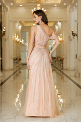 Long Mermaid One Shoulder Tulle Beadings Prom Dress with Side Slit