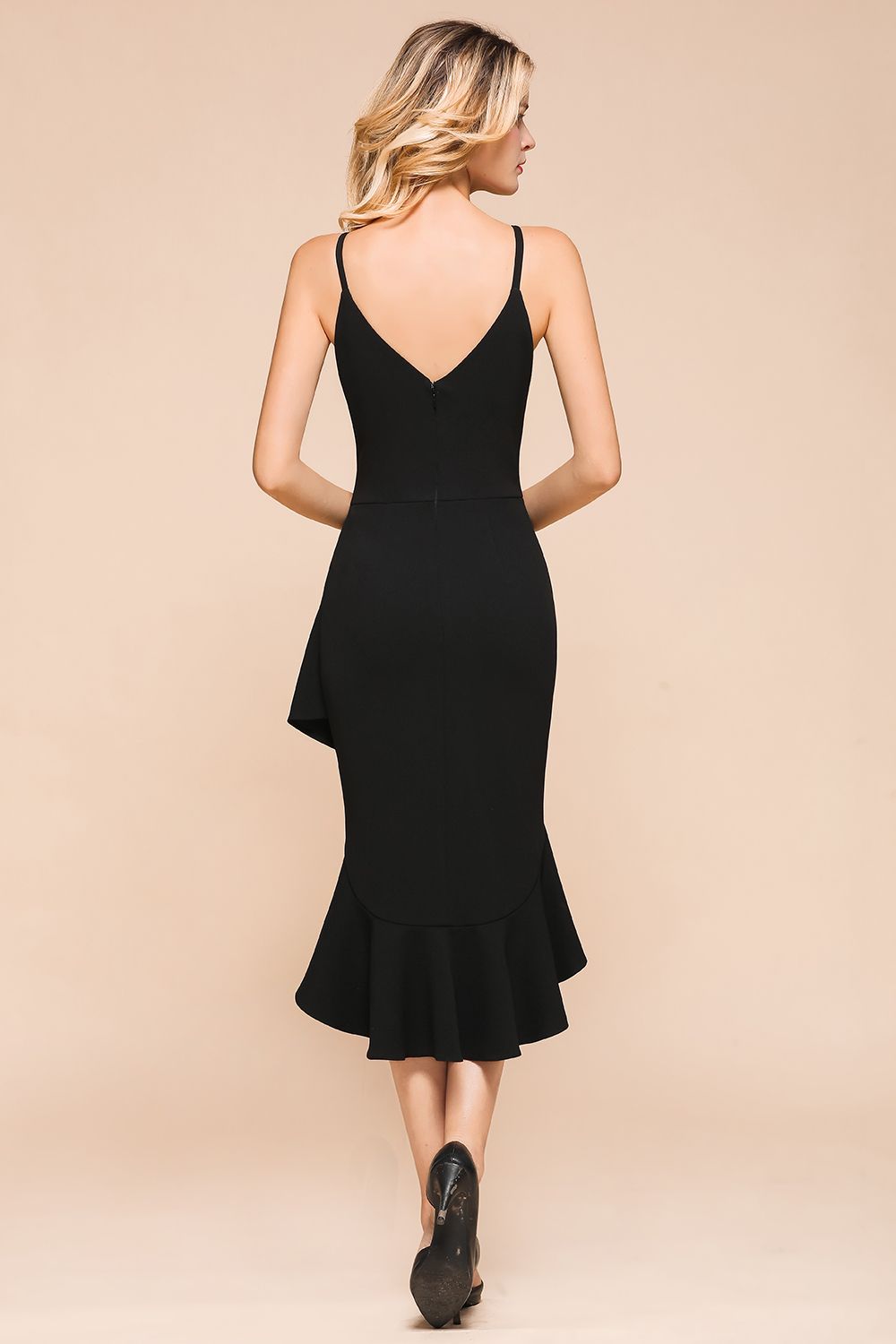 Simple High Low Ruffle Backless Mermaid Black Party Dress