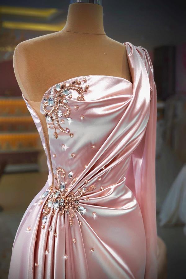 Long Mermaid One Shoulder Satin Front Slit Prom Dress with Sleeves