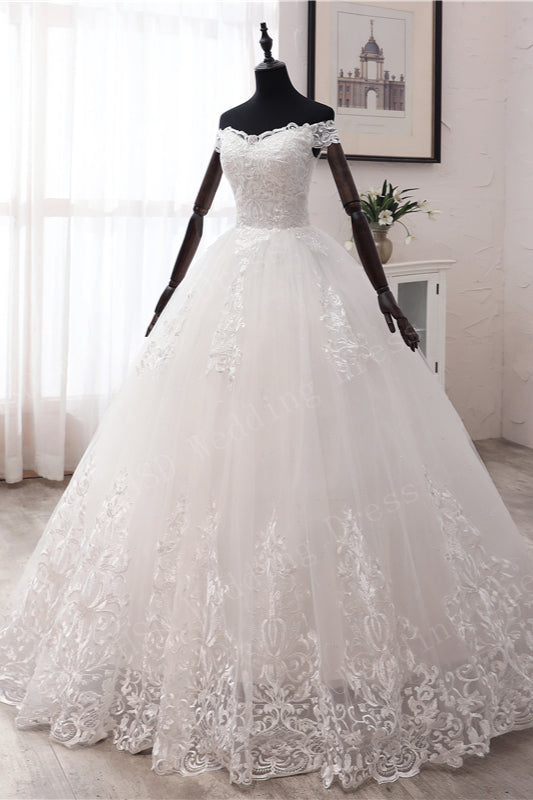 Long Ball Gown Off the Shoulder Tulle Wedding Dress with Lace Appliques