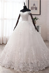 Long Ball Gown Off the Shoulder Tulle Wedding Dress with Lace Appliques