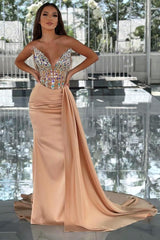 Long Mermaid V-neck Sleeveless Satin Formal Prom Dresses with Sweep Train