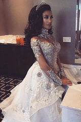 Glamorous Long Sleeves Tulle High Neck Mermaid Wedding Dresses with Detachable Overskirt