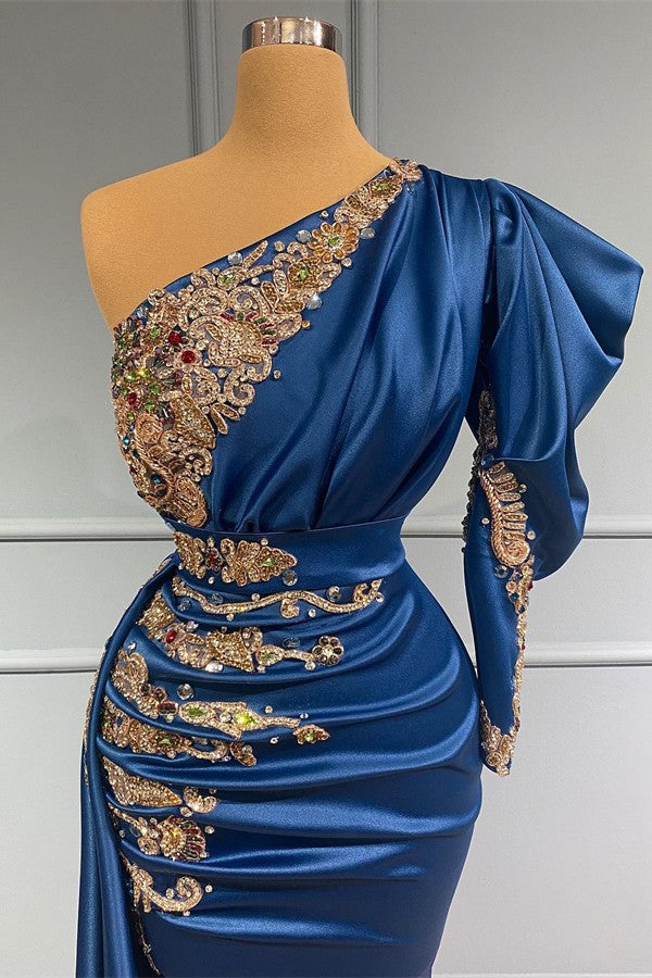 Long Mermaid One Shoulder Satin Appliques Formal Dress with Sleeves
