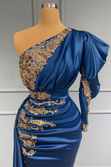 Long Mermaid One Shoulder Satin Appliques Formal Dress with Sleeves