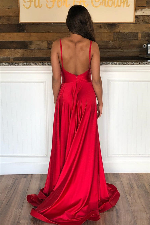 Long V-neck A-line Ruffles Spaghetti Straps Open Back Prom Dress With Side Slit