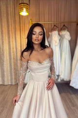 Long A-line Sweetheart Floor length Satin Lace Prom Dresses with Sleeves