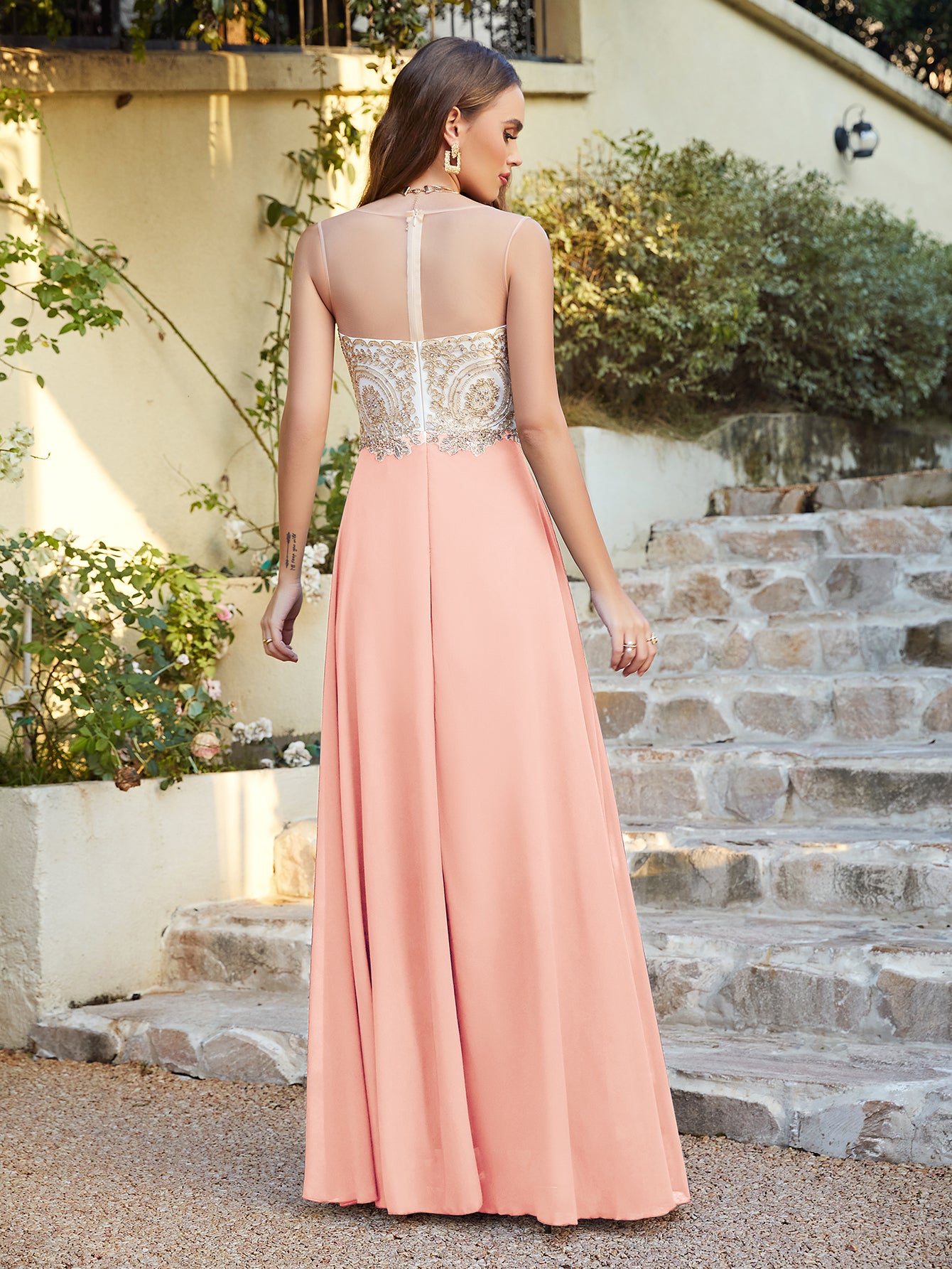 Gorgeous Long A-line Chiffon Lace Sleeveless Formal Evening Dresses
