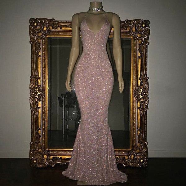 Long Mermaid Spaghetti Straps Floor Length Sequined Prom Dress
