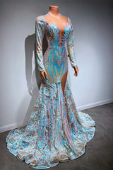 Long Sleeves Mermaid V-neck Sparkle Sequin High Split Prom Dresses