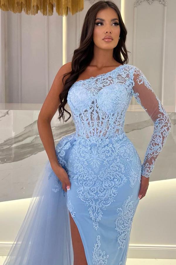 Sexy One Shoulder Tulle Lace High Split Long Prom Dress with Appliques
