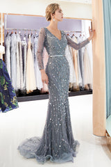 Long V-neck Tulle Mermaid Tulle Formal Evening Dress with Sleeves