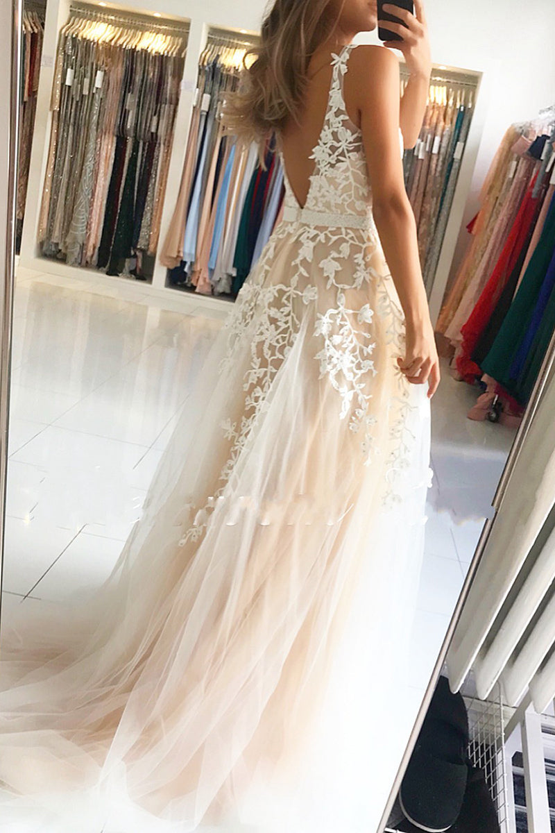 Long V-neck Open Back Lace Floor Length A-Line Ruffles Prom Dress