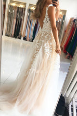 Long V-neck Open Back Lace Floor Length A-Line Ruffles Prom Dress