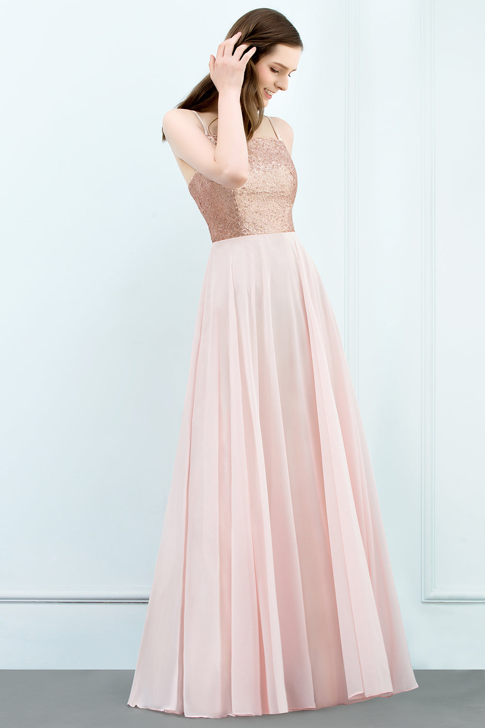 Long Spaghetti Straps Chiffon A-line Evening Dress