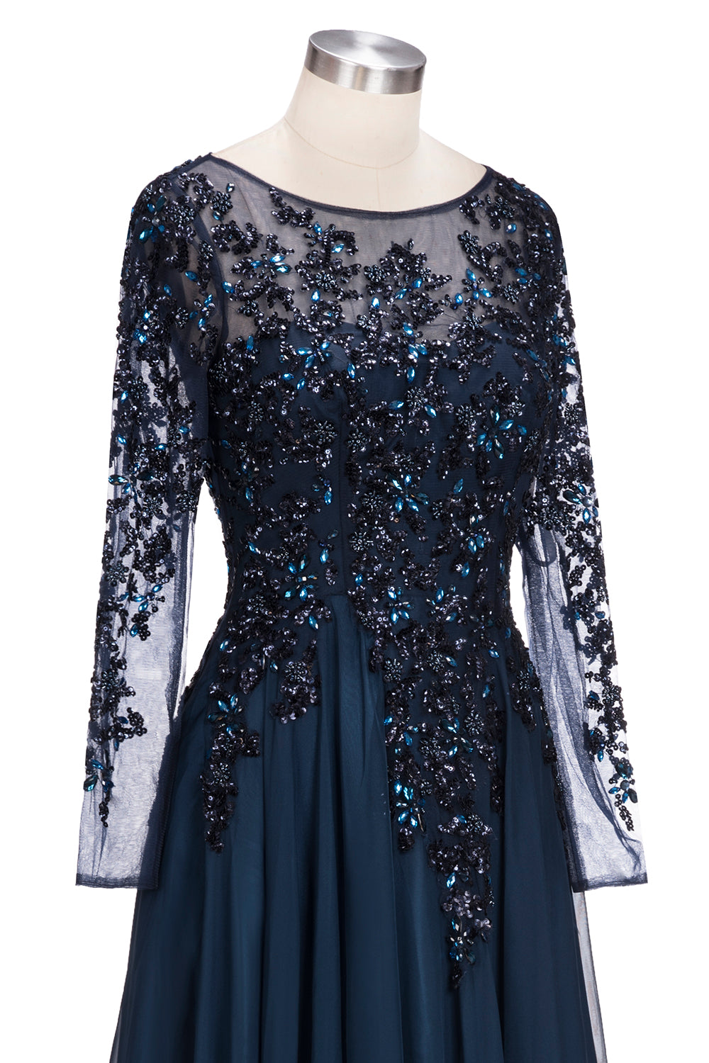 Long A-line Floor Length Tulle Lace Formal Evening Dresses with Sleeves