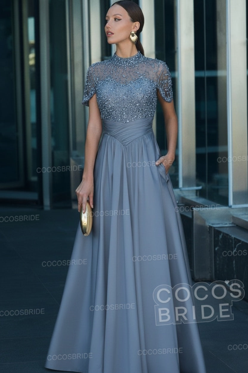 Elegant Illusion Neck Long A-line Formal Evening Dress with Pockets
