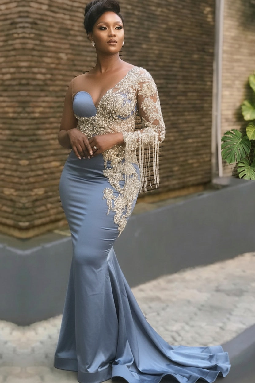 Long Mermaid Appliques One Shoulder Floor Length Formal Evening Dress
