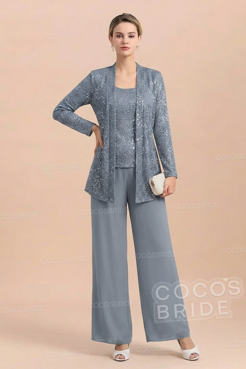 Long Sequined Chiffon Pantsuits for the Mother of the Bride with Jacket