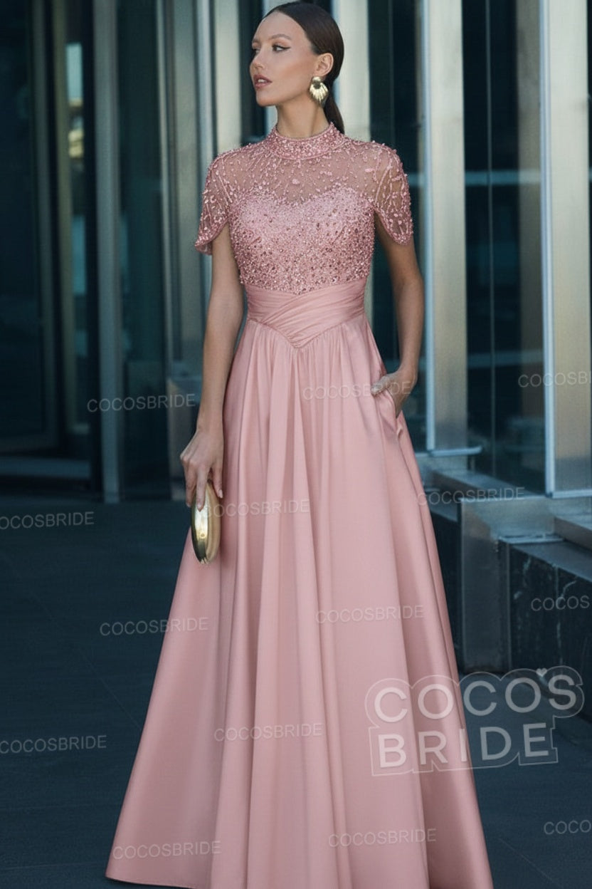 Elegant Illusion Neck Long A-line Formal Evening Dress with Pockets