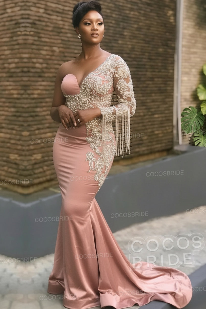 Long Mermaid Appliques One Shoulder Floor Length Formal Evening Dress
