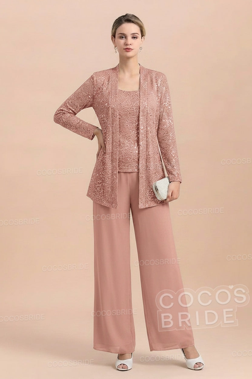 Long Sequined Chiffon Pantsuits for the Mother of the Bride with Jacket