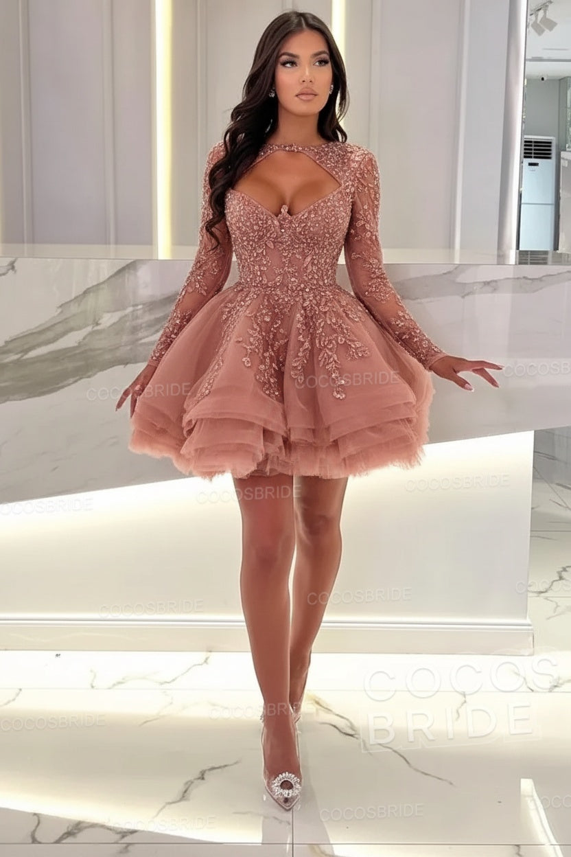 Sexy A-line Sweetheart Tulle Short Beading Party Dress with Long Sleeves