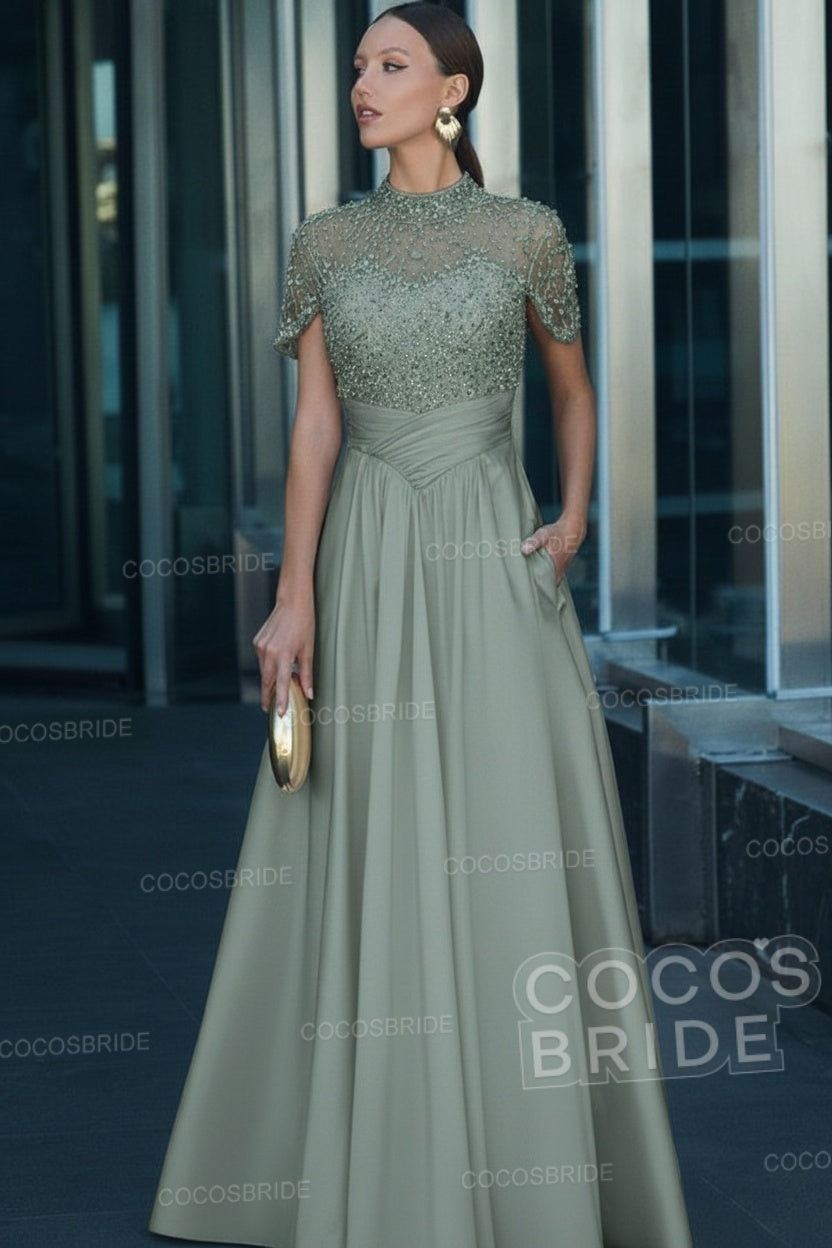 Elegant Illusion Neck Long A-line Formal Evening Dress with Pockets