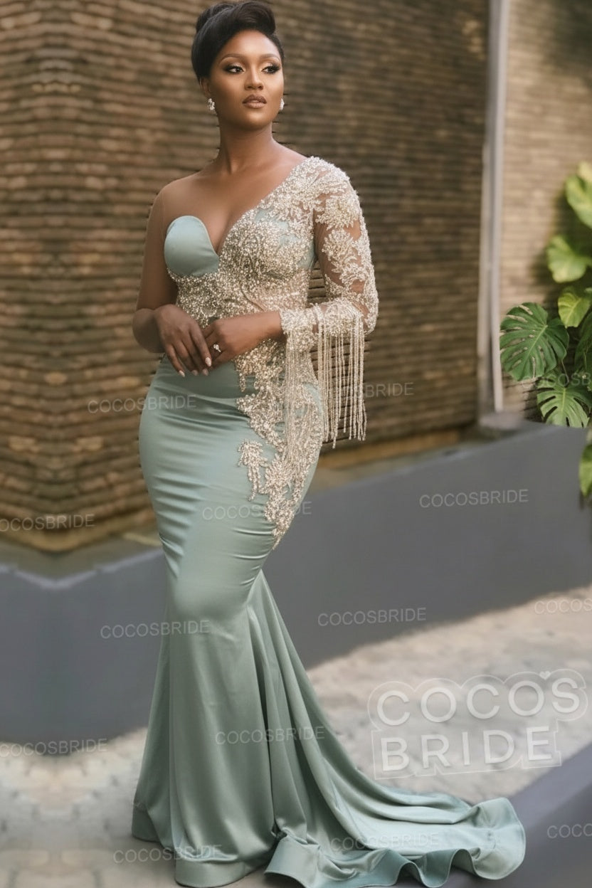 Long Mermaid Appliques One Shoulder Floor Length Formal Evening Dress