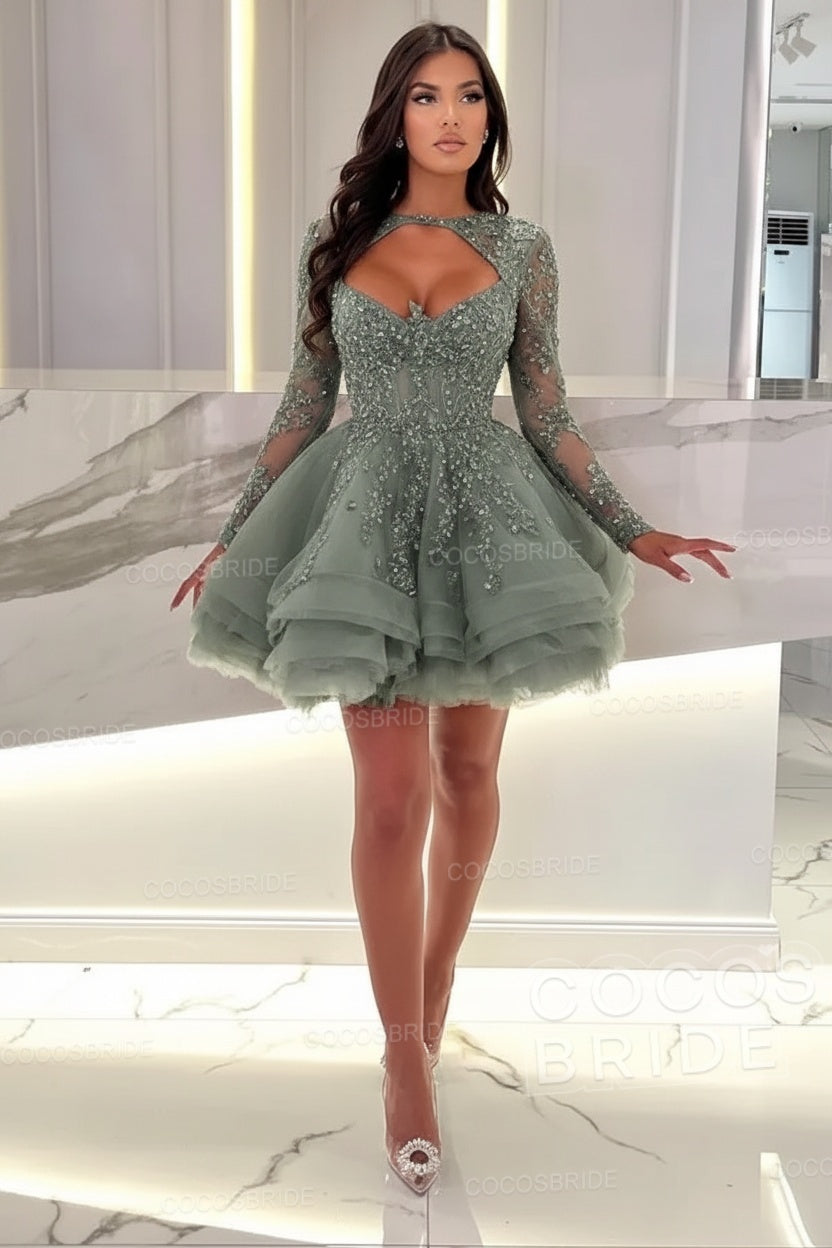 Sexy A-line Sweetheart Tulle Short Beading Party Dress with Long Sleeves