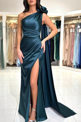 Elegant Long One Shoulder Mermaid Satin Front Slit Prom Dresses