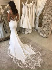 Long Deep V-neck Appliques Lace Satin Floor Length Mermaid Wedding Dress
