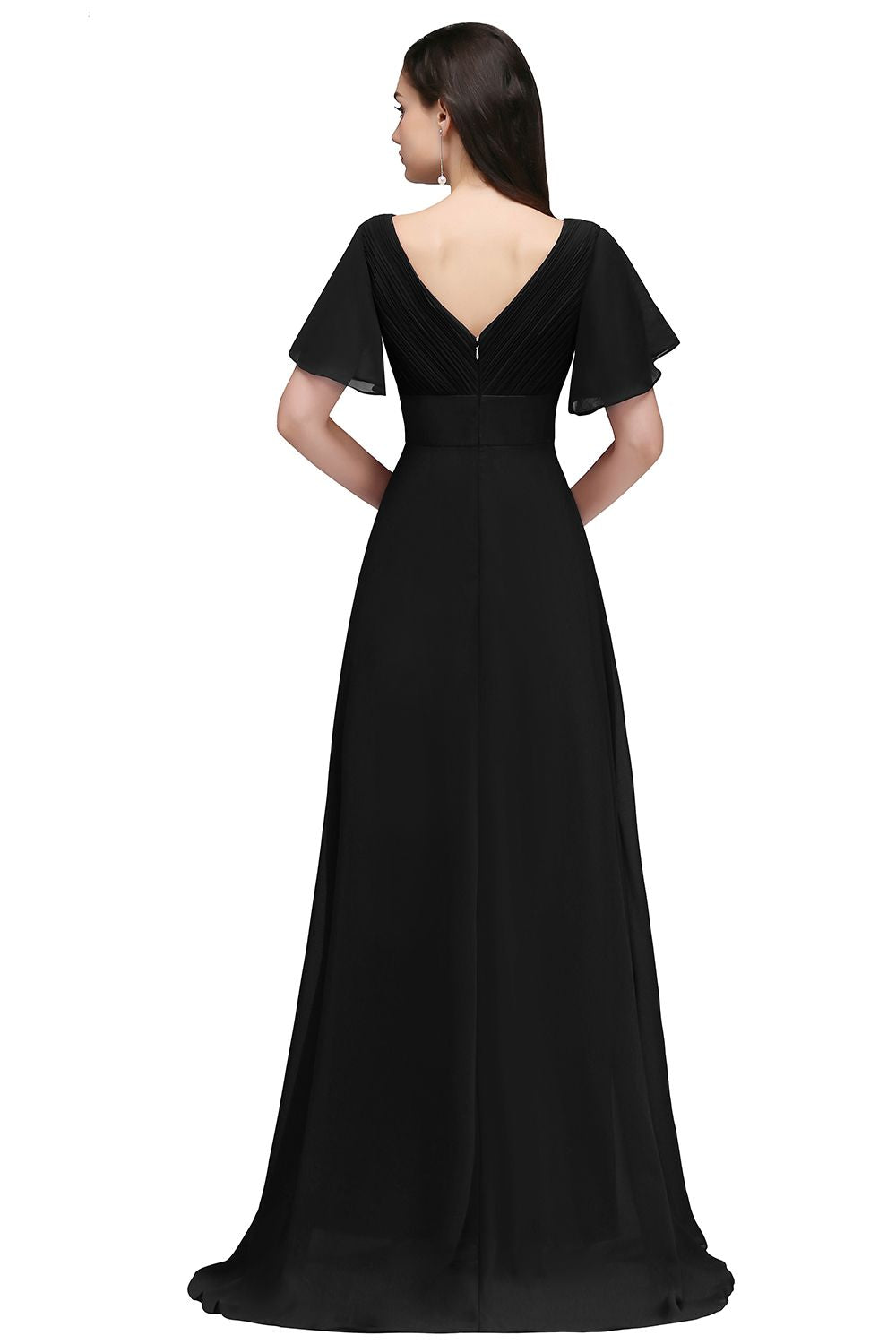 A-line Ruffle Chiffon V-Neck Long Bridesmaid Dress with Sleeves