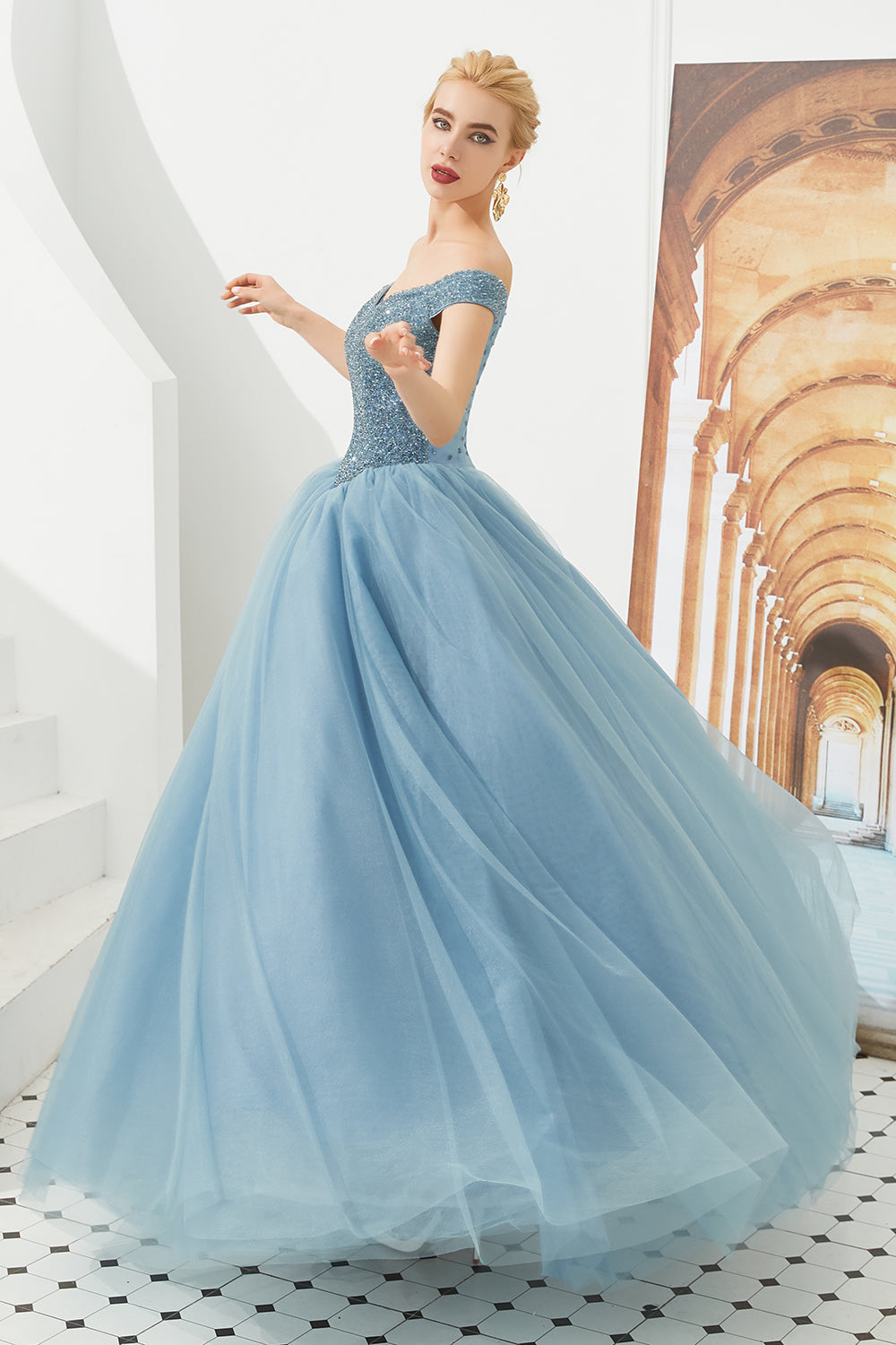 Long A-line Off the Shoulder Tulle Sequin Formal Dresses