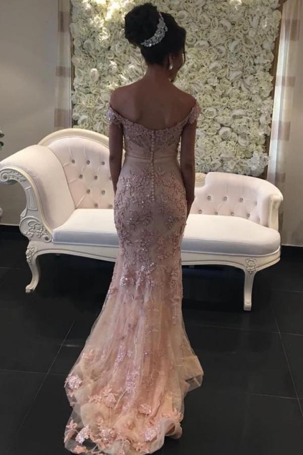 Long Off the Shoulder Appliques Lace Ruffles Mermaid Prom Dress