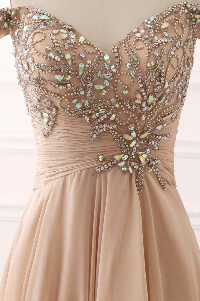 Long A-Line Off the Shoulder Beading Ruffles Chiffon Prom Dress