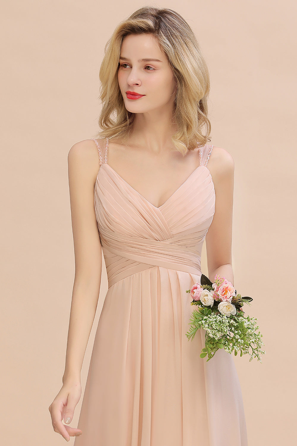 Long Spaghetti Straps V-neck A-Line Chiffon Floor Length Bridesmaid Dress With Ruffles