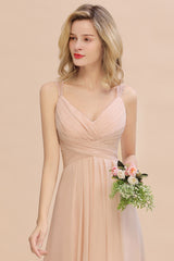 Long Spaghetti Straps V-neck A-Line Chiffon Floor Length Bridesmaid Dress With Ruffles