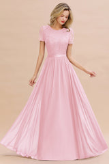 Chiffon Lace Scoop Short Sleeve Bridesmaid Dress