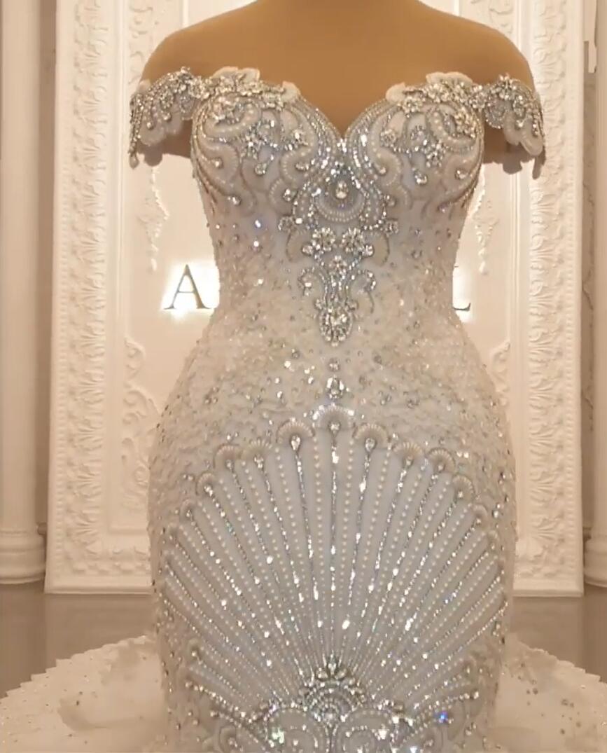 Gorgeous Long Off the Shoulder Crystal Floor Length Backless Mermaid Wedding Dresses