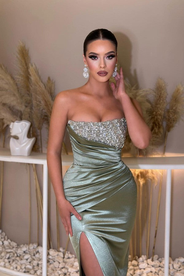 Long Mermaid Strapless Beading Satin Formal Prom Dresses with Slit