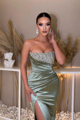 Long Mermaid Strapless Beading Satin Formal Prom Dresses with Slit